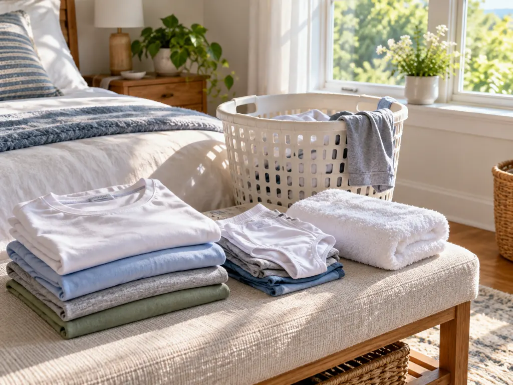 Fresh breathable clothing and towels arranged near an open laundry basket