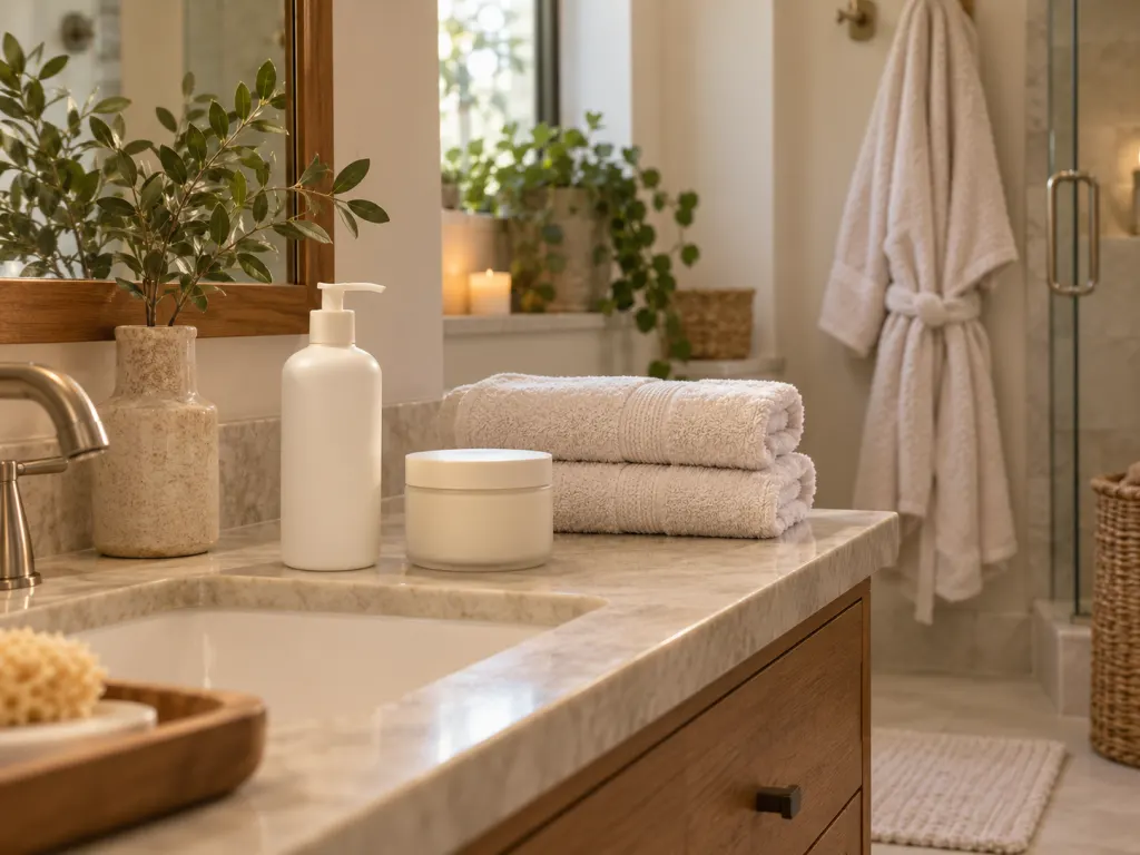 Fragrance-free skin care items and clean towels in a tidy bathroom
