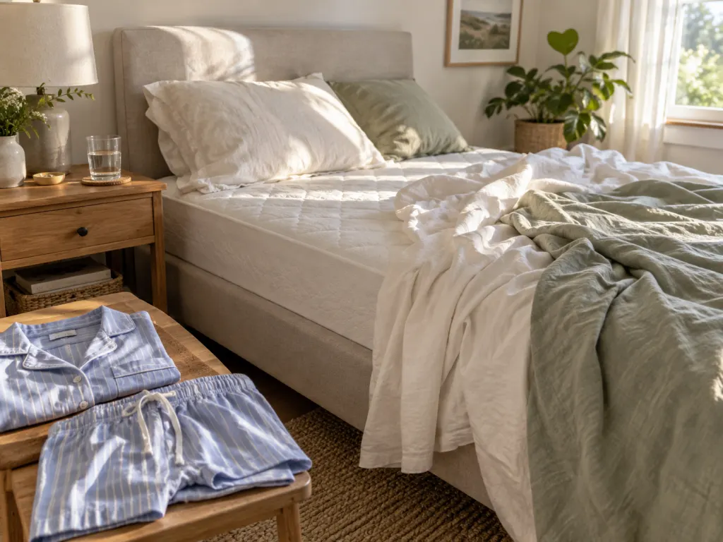 Fresh sleepwear and aired bedding in a softly lit bedroom
