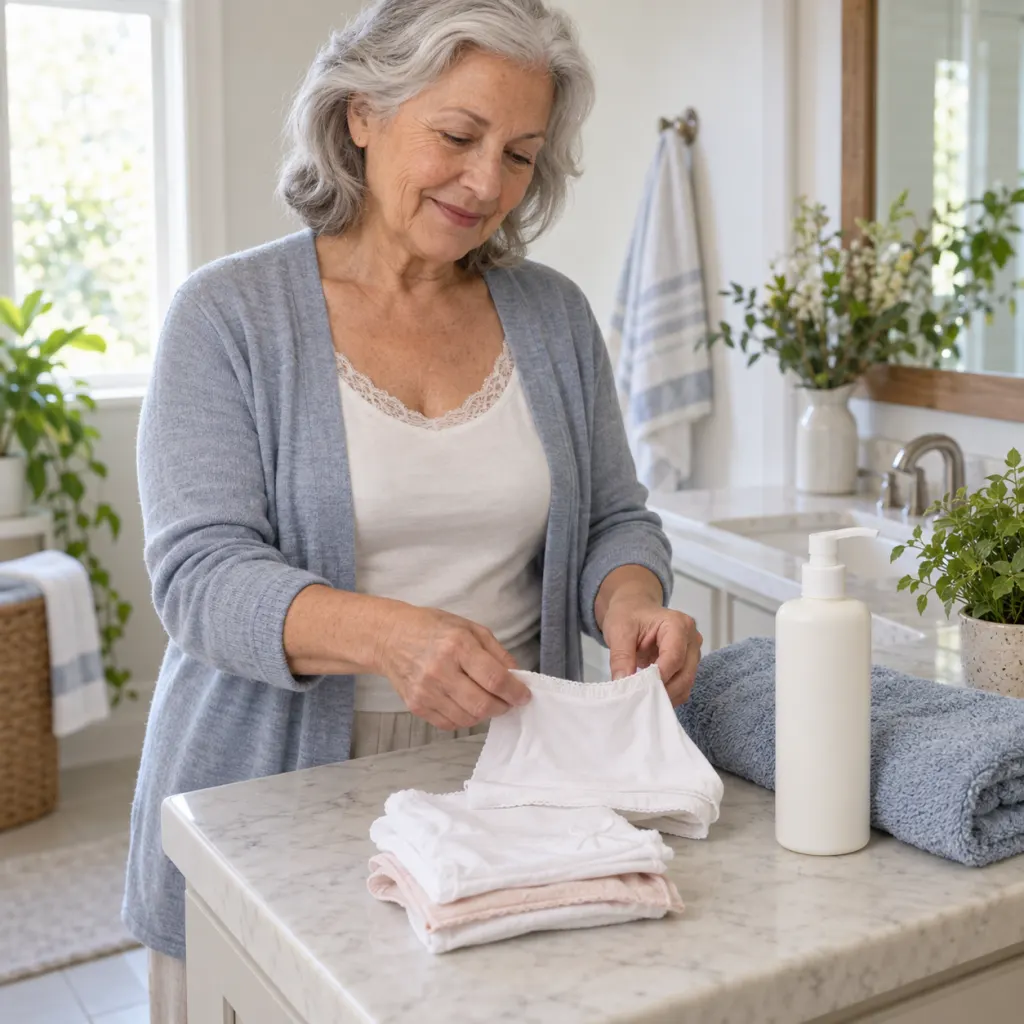 Older woman organizing clean garments and gentle skin care items on a bathroom counter