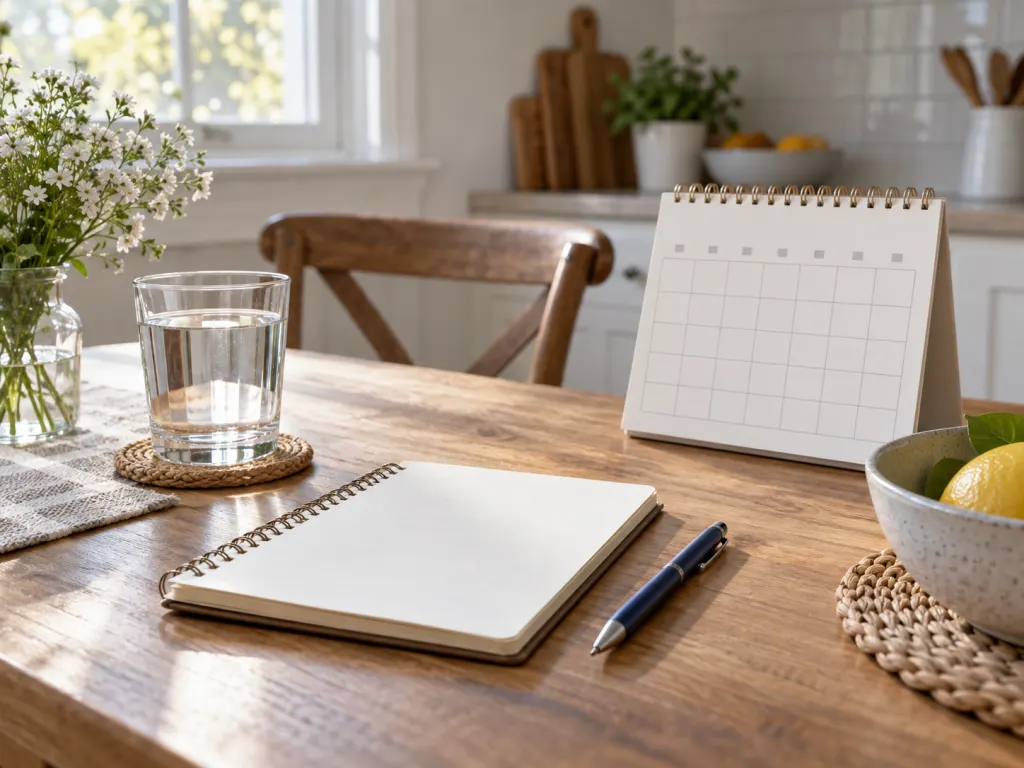Notebook, water glass, and calendar arranged for tracking health patterns.