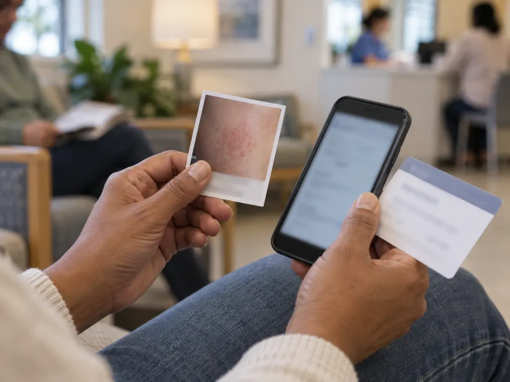 Hands holding dated symptom notes before a health appointment.