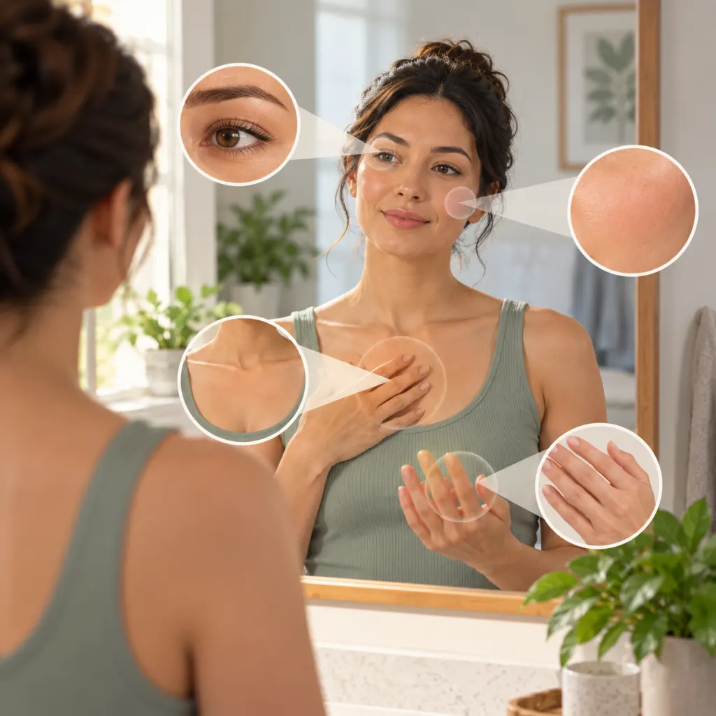 Calm illustration of a person noticing subtle body changes in a mirror.