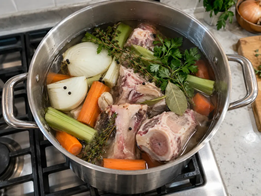 A stockpot filled with bones, vegetables, herbs, and water before simmering.
