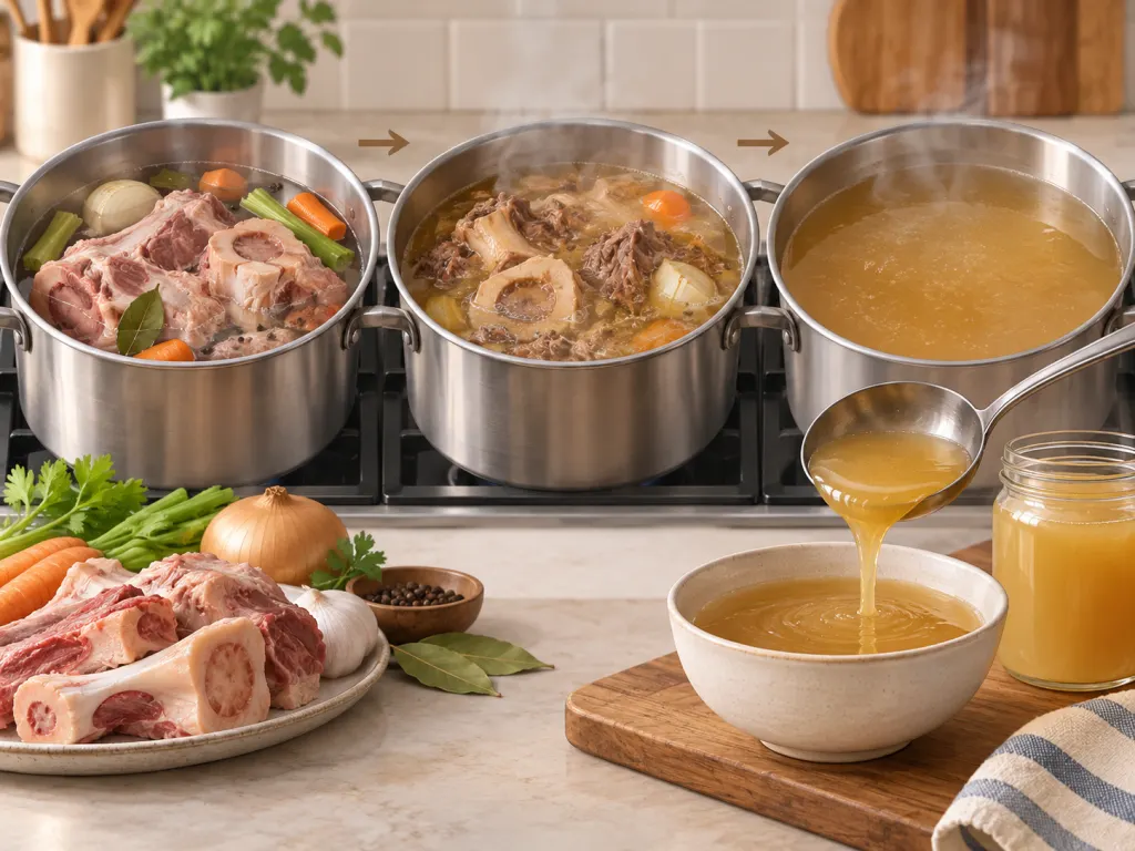 An educational illustration of collagen-rich ingredients becoming gelatin-rich broth.