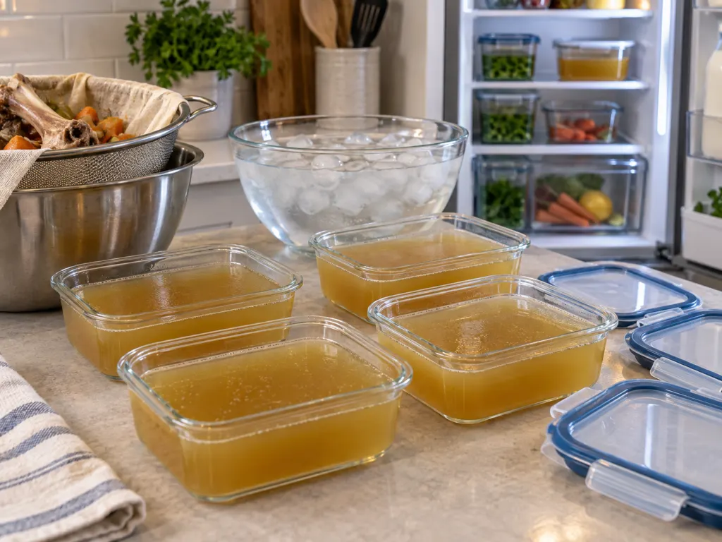 Strained bone broth divided into shallow containers for cooling and storage.