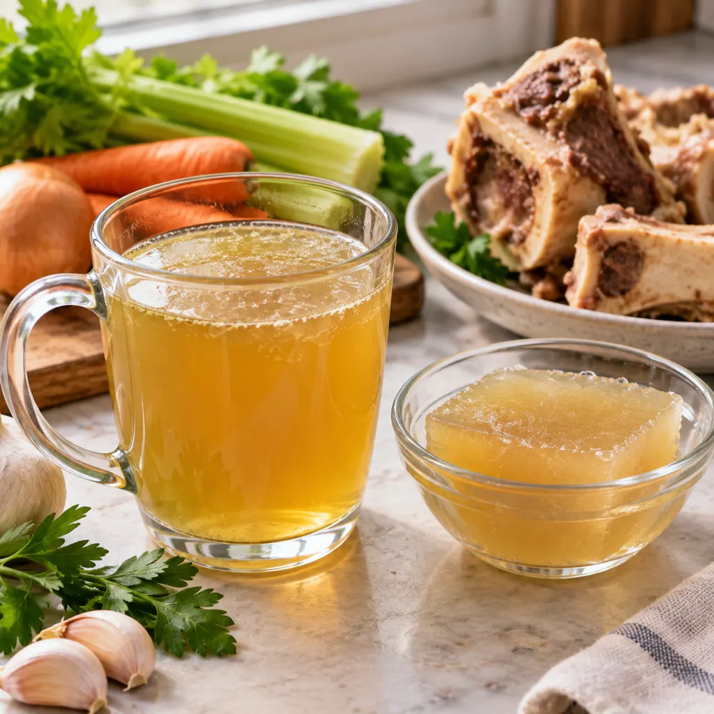A mug of golden bone broth beside a small bowl of chilled gelled broth on a kitchen counter.