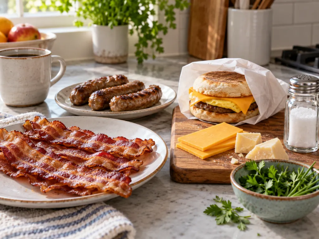 Kitchen counter with processed breakfast meats, a sandwich, salt shaker, and herbs.