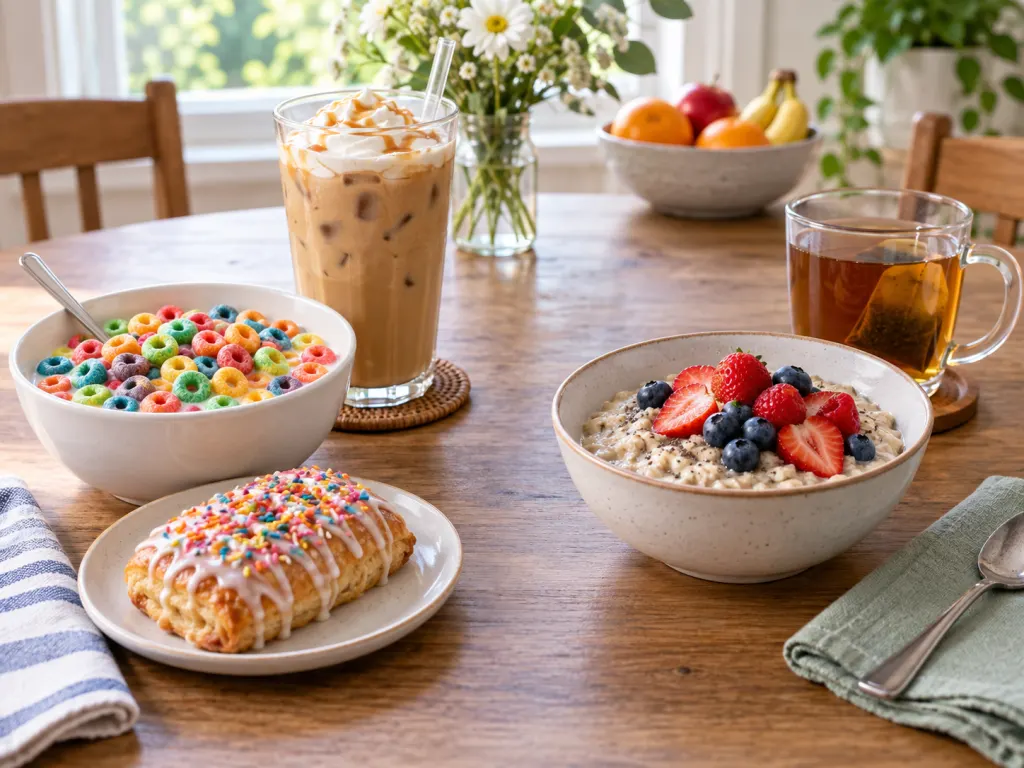 Breakfast comparison showing sweet cereal, pastry, coffee, oats, berries, and unsweetened tea.