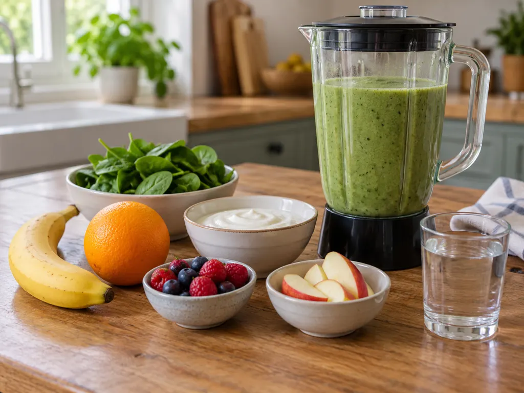 Smoothie ingredients with banana, orange, spinach, yogurt, berries, apple slices, and water.
