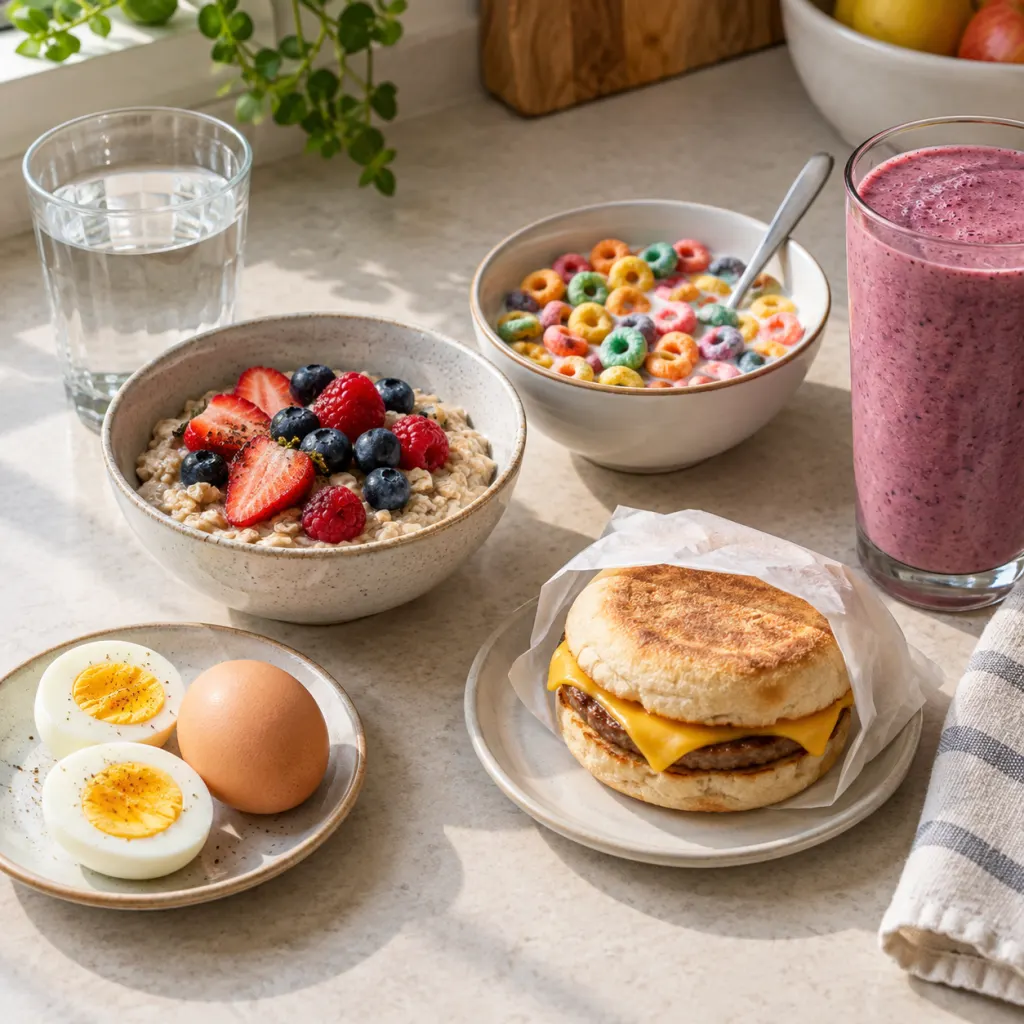 Overhead breakfast table with oats, egg, water, cereal, smoothie, and a packaged sandwich for comparison.