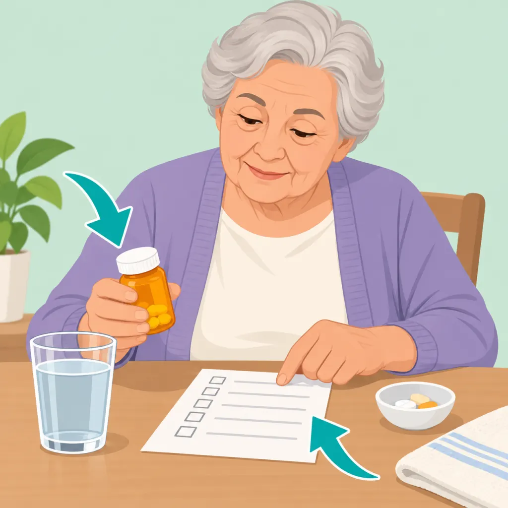 An older adult organizing a safer metoprolol routine with a medicine bottle and checklist.