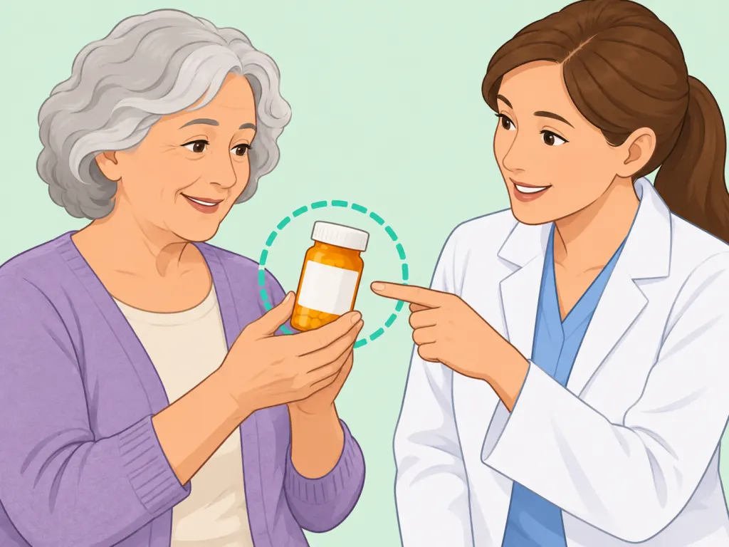 An older adult confirming the exact form of metoprolol with a pharmacist.