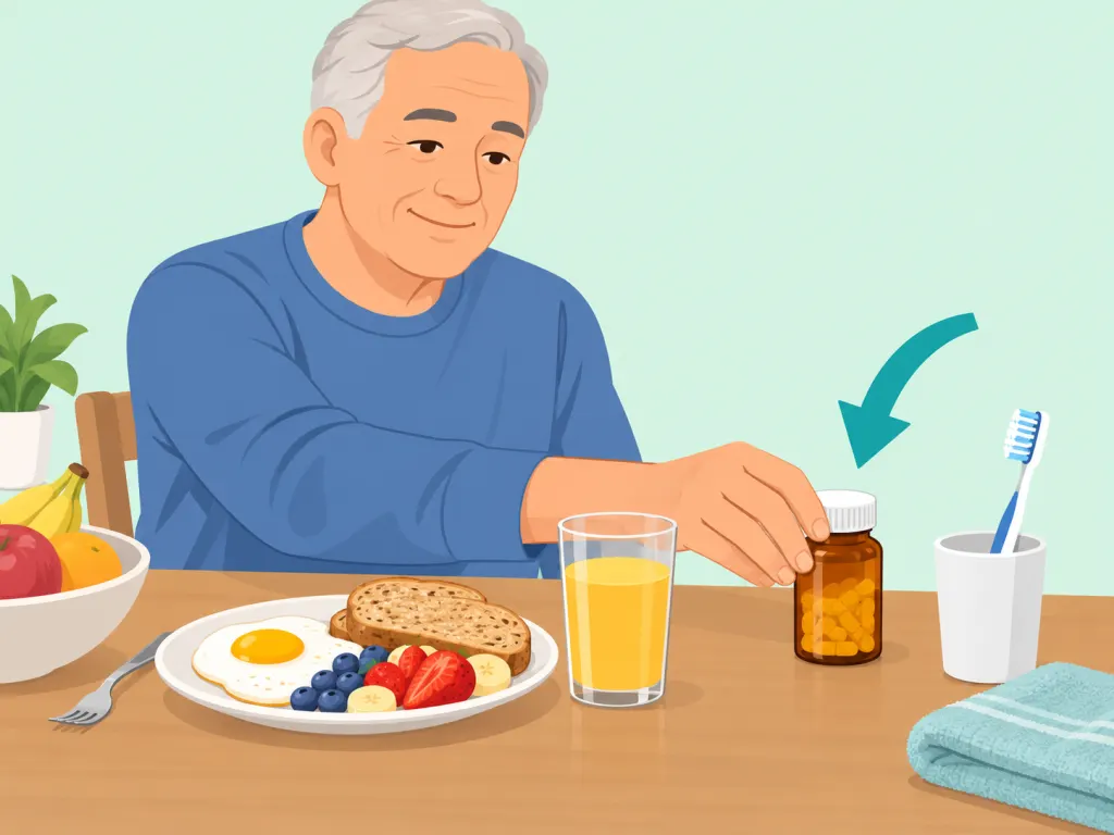 An older adult linking metoprolol to a steady daily cue.