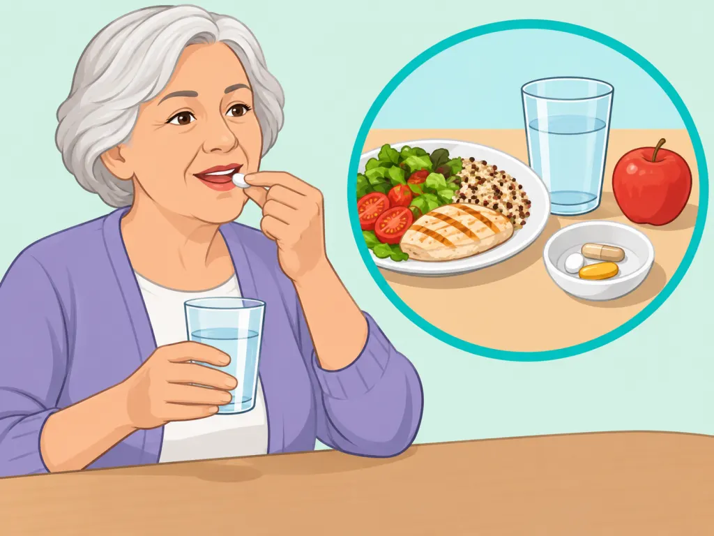 An older adult taking metoprolol with food when instructed.