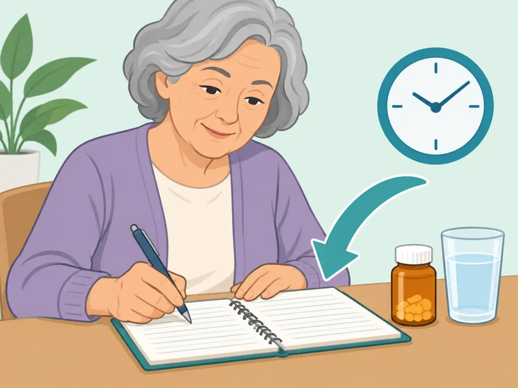 An older adult recording side effects in a notebook.