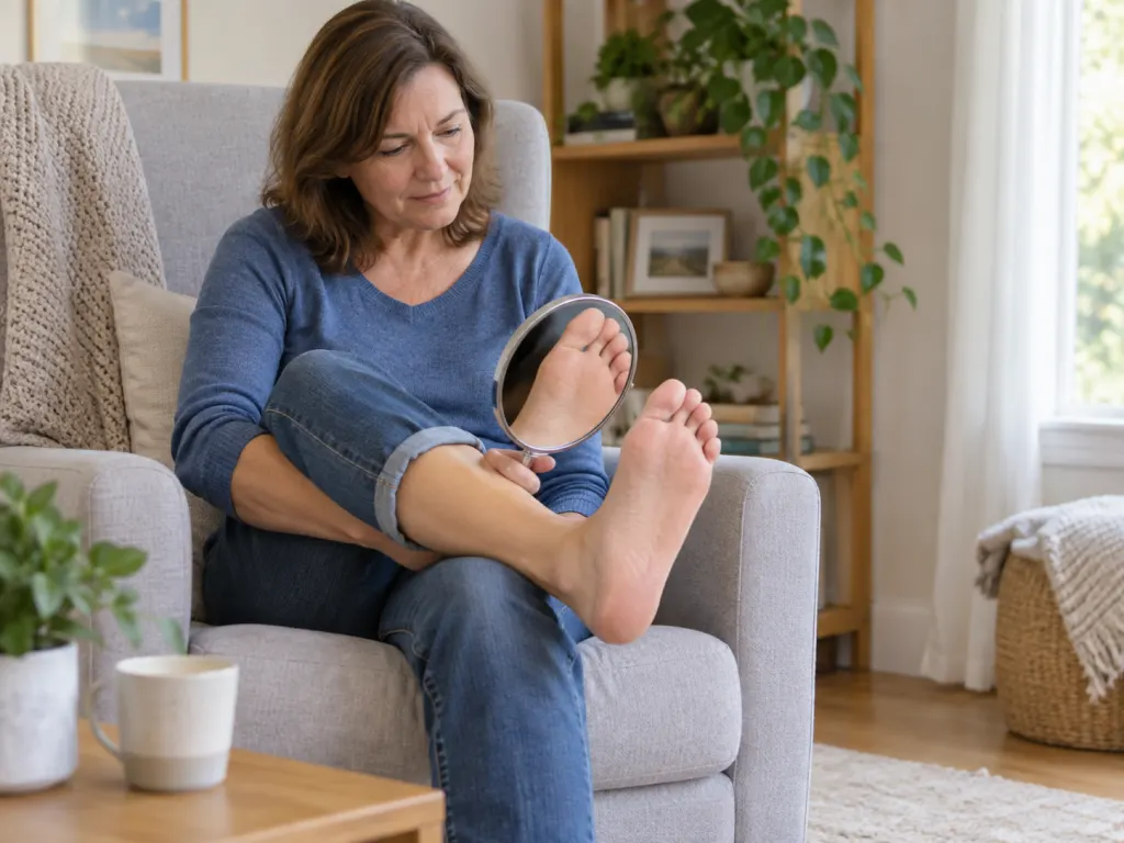 Person checking the sole of a foot with a mirror in a calm home setting.