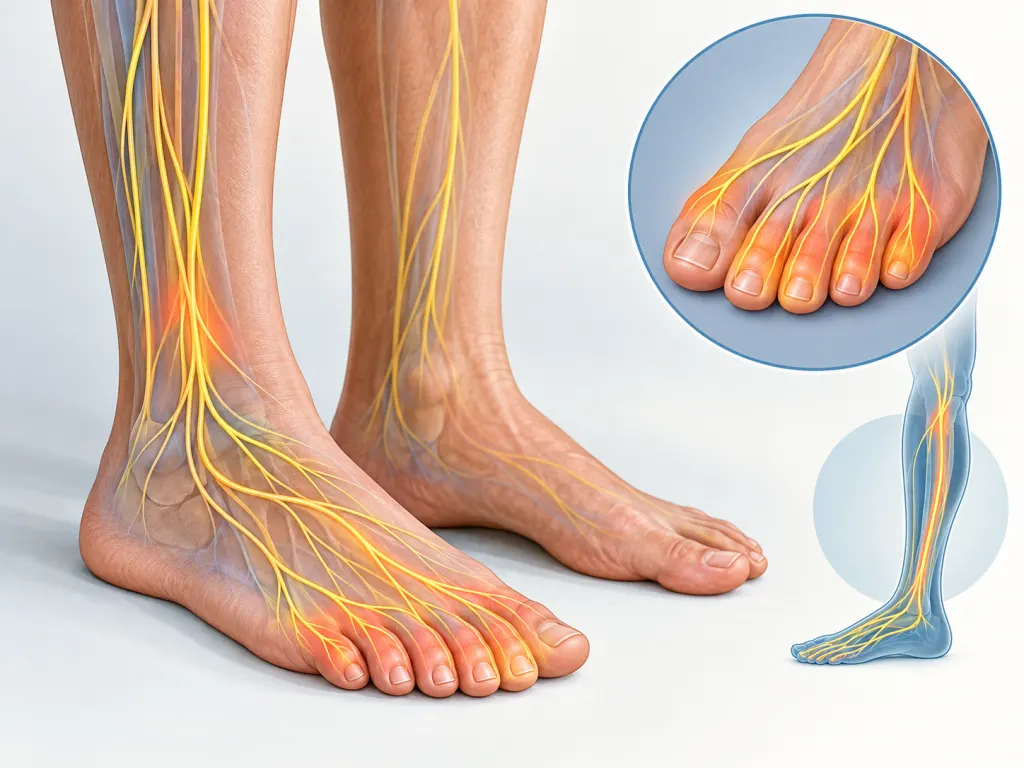 Simplified illustration of nerves extending into the foot and toes.