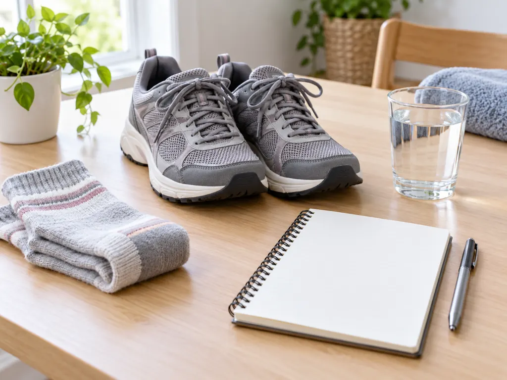 Supportive shoes, socks, and a symptom notebook arranged on a clean table.