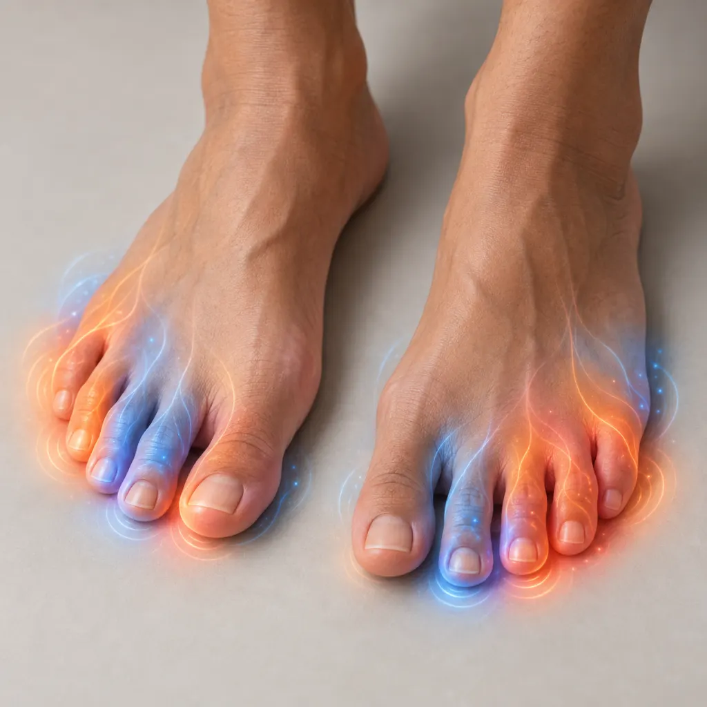 Illustration of feet with subtle glow lines showing burning and tingling sensations.