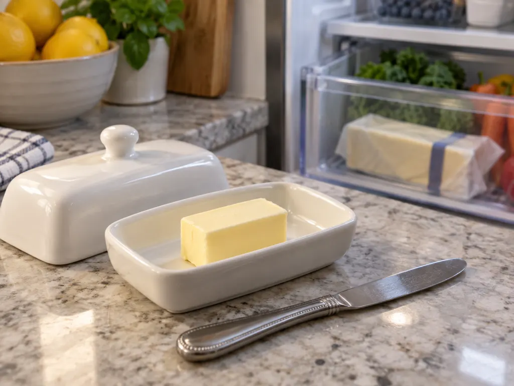 Small portion of butter in a covered dish with the rest stored in the refrigerator
