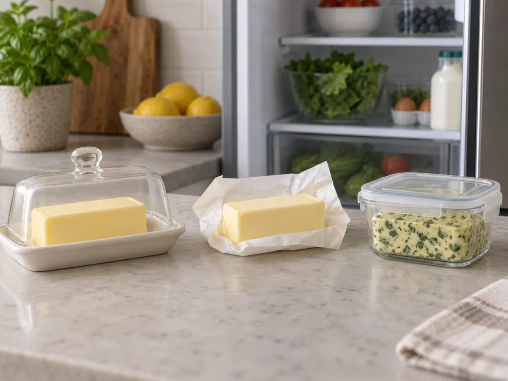 Illustration comparing plain salted, unsalted, and herb compound butter storage