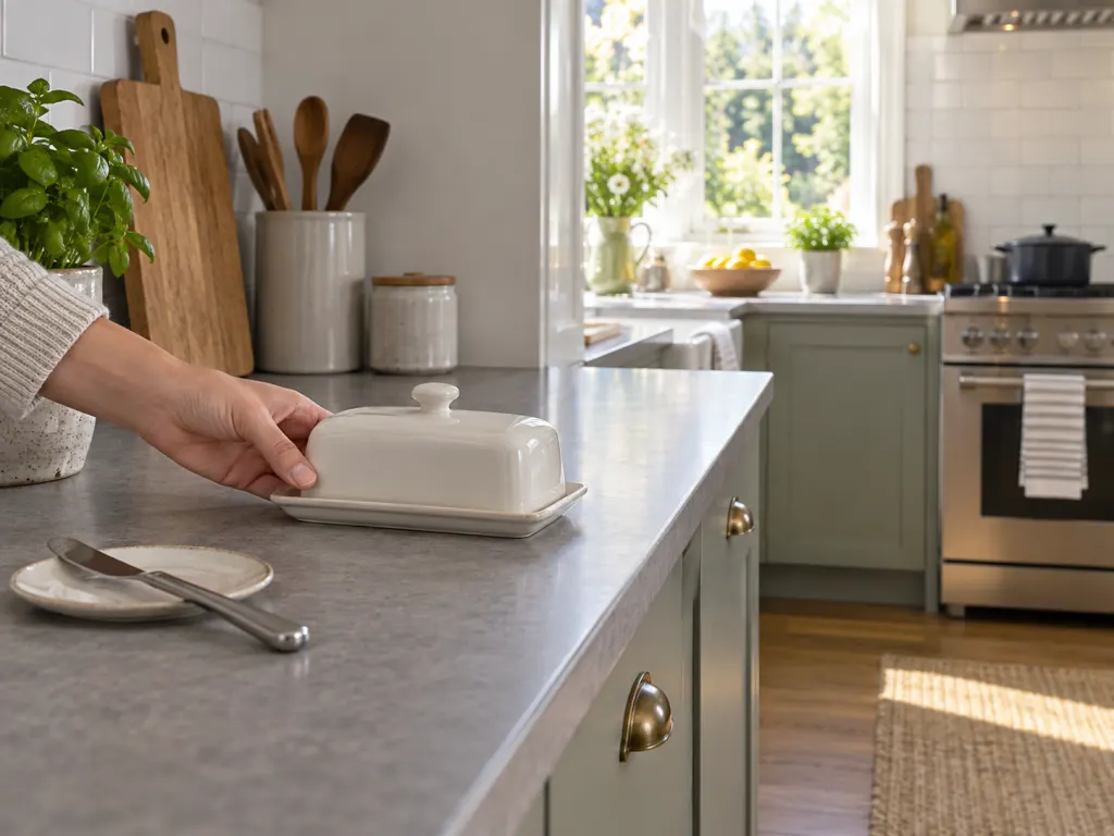 Butter dish placed away from heat and sunlight on a clean kitchen counter
