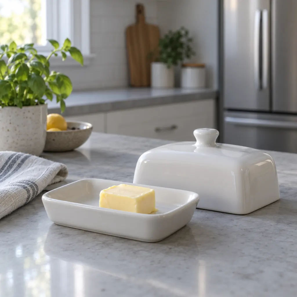 Covered butter dish on a cool kitchen counter with a refrigerator in the background