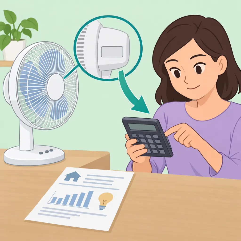Illustration of a person calculating the electricity cost of running a fan.