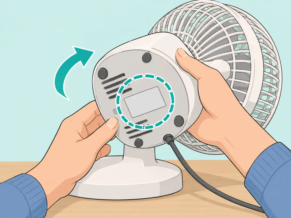 Hands checking the power label on a household fan.