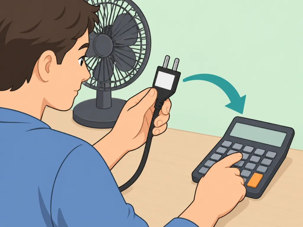 A person estimating fan wattage from label information.