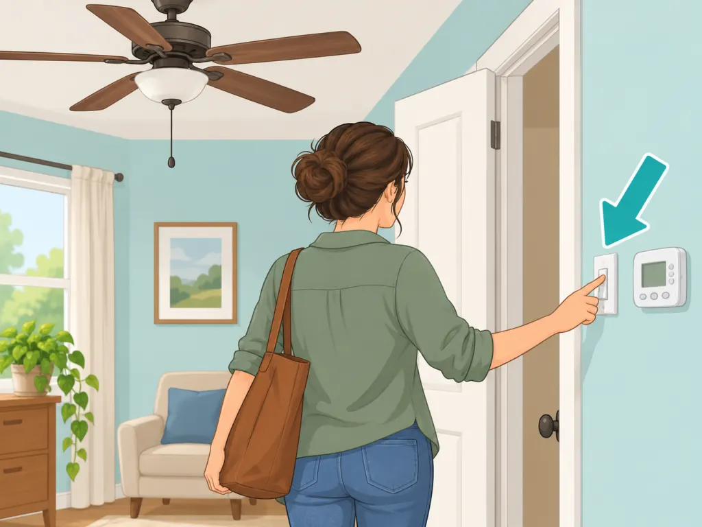 A person turning off a fan when leaving the room.
