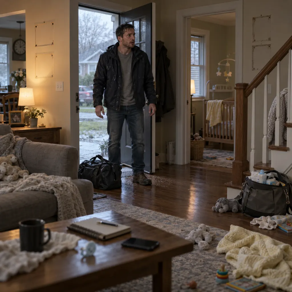 A shocked husband returns to a half-empty home on a rainy day.