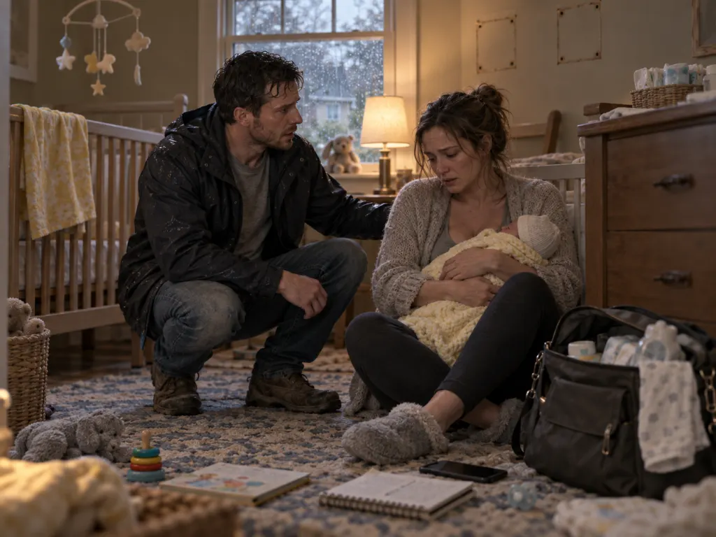 Olivia holds her newborn on the nursery floor as Daniel finds them.