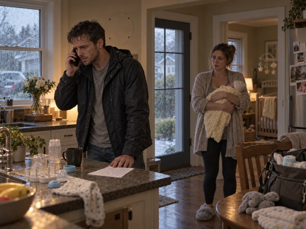 Daniel makes a tense call while Olivia holds their newborn nearby.