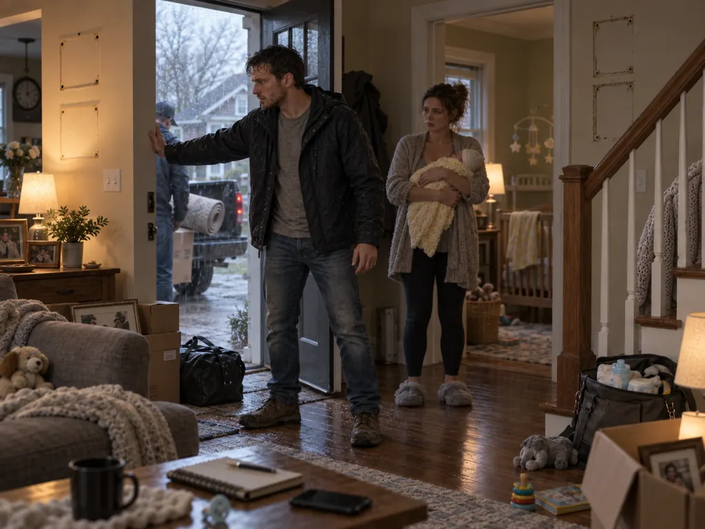 Daniel stands at the door as household belongings are returned.