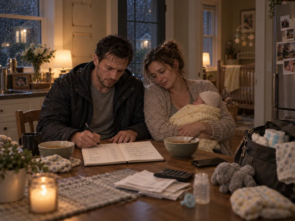 Daniel and Olivia make a plan together while their newborn sleeps.