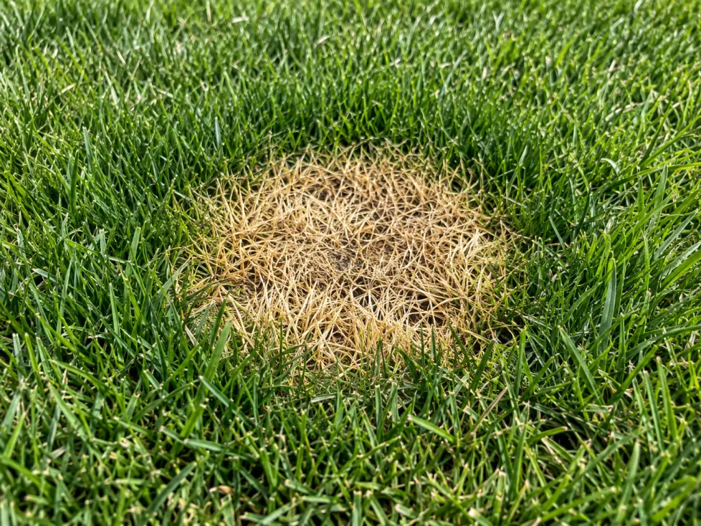 Close view of a brown lawn spot with a darker green rim.