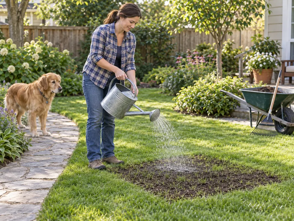 A person waters a fresh lawn spot while a dog waits nearby.