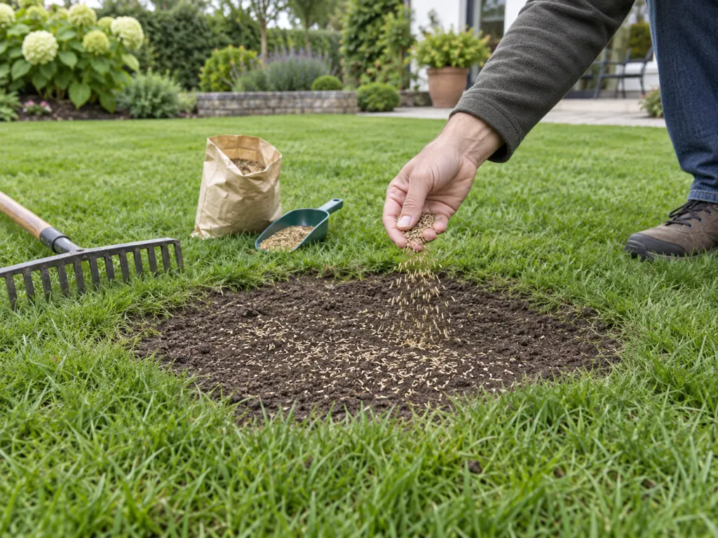A small bare lawn patch is being prepared and seeded.