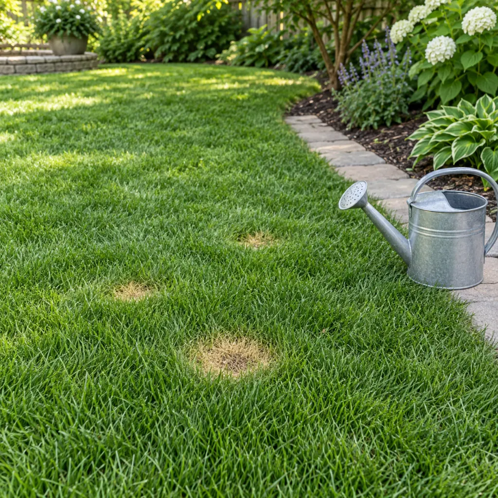 A backyard lawn with small urine spots and a watering can nearby.