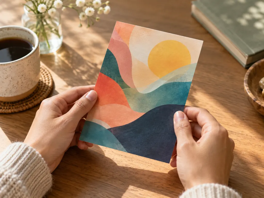 Hands holding a colorful abstract card on a table in warm daylight.