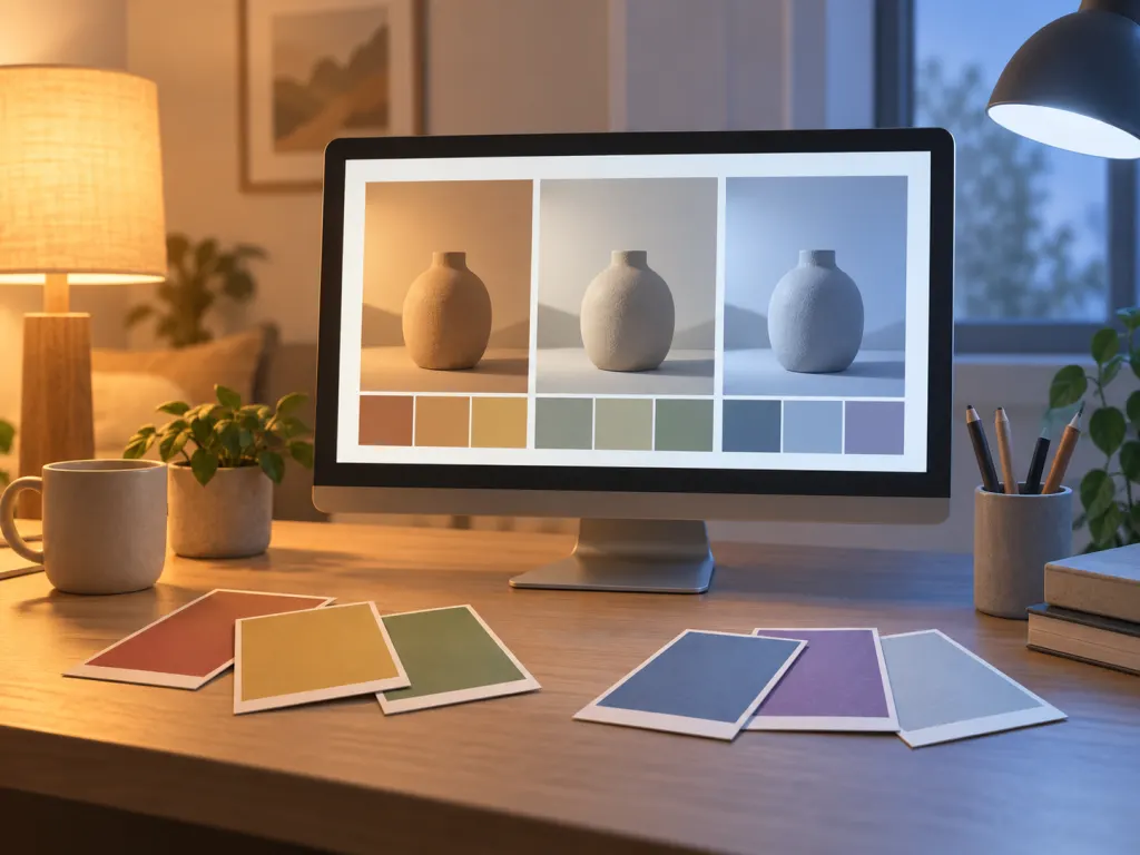 An illustration of color swatches near a screen and shifting light.