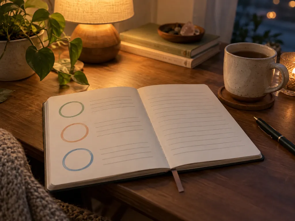 An open notebook with three colored circles drawn beside a lamp and mug.