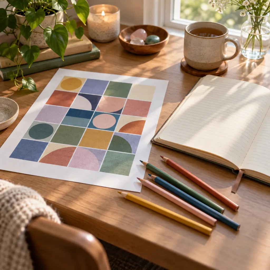 A journal and colored pencils beside an abstract color puzzle on a calm desk.