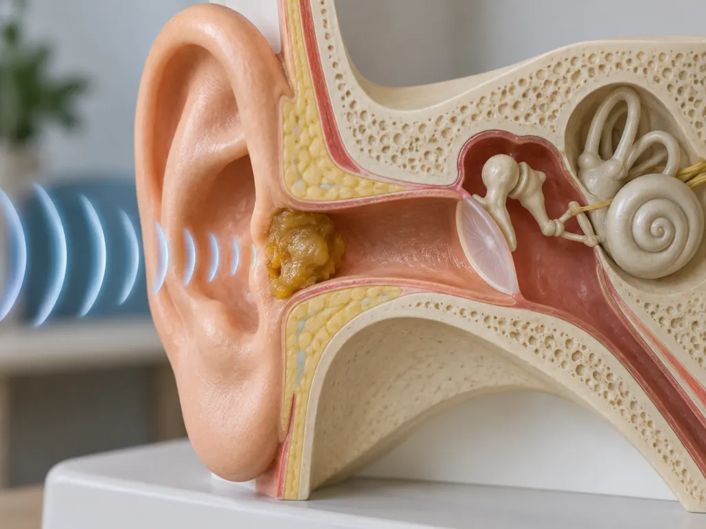 Educational ear canal model showing wax blocking part of the canal.