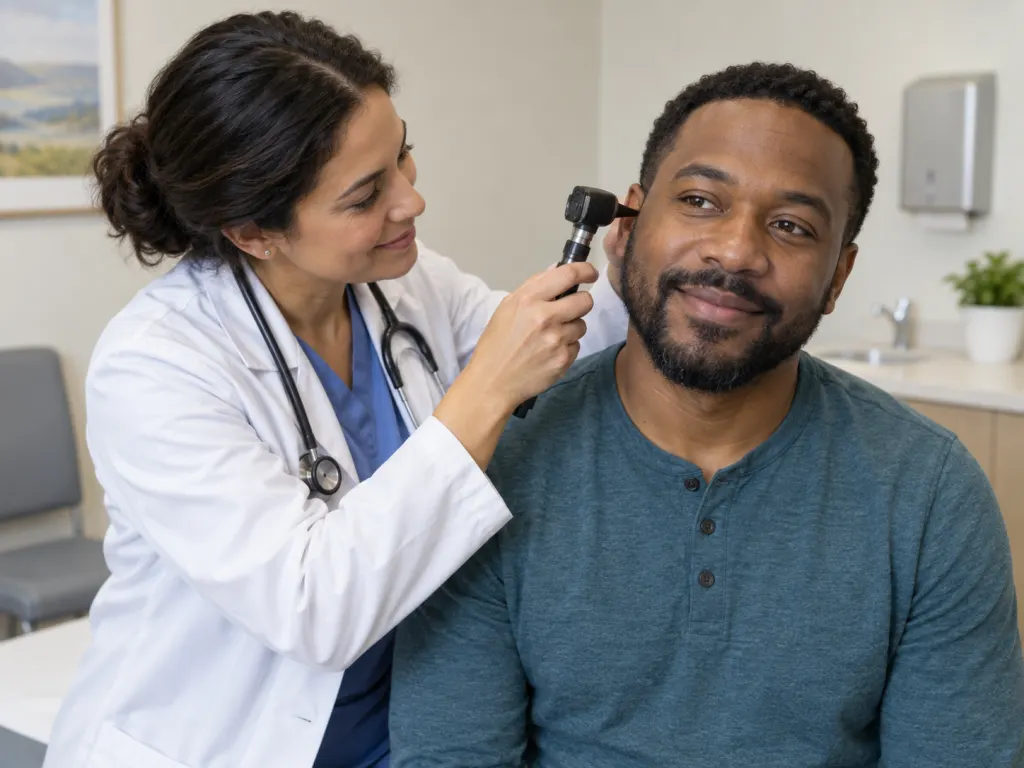 Clinician preparing to examine an adult patient's ear with an otoscope.