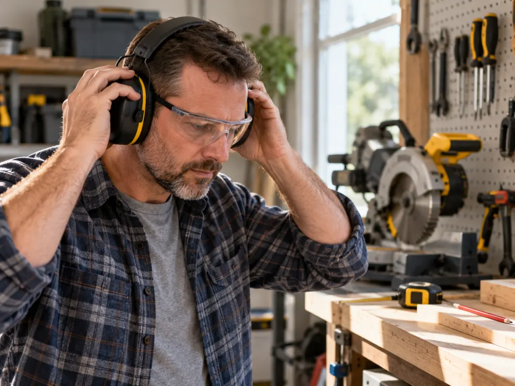 Person putting on hearing protection before working with loud tools.