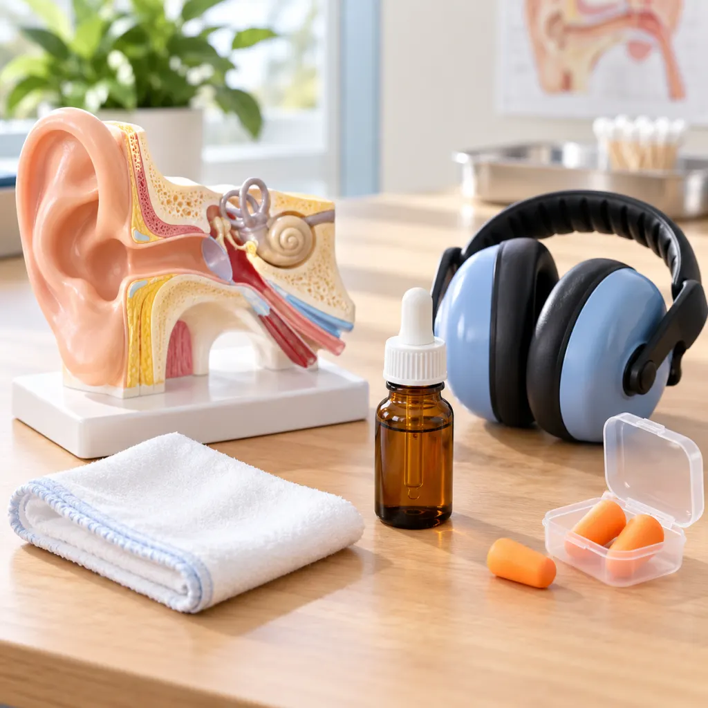 Ear care items arranged beside an anatomical ear model on a clean desk.