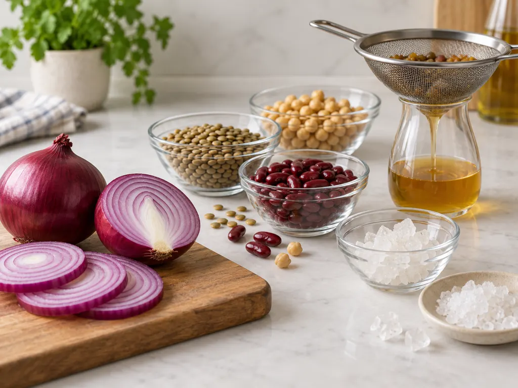 Sliced red onions on a clean surface with neutral objects suggesting food and uric acid awareness.